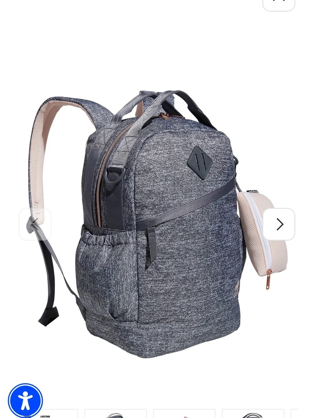 adidas Grey Heather Backpack with Rose Gold Logo and Pink Key Charm